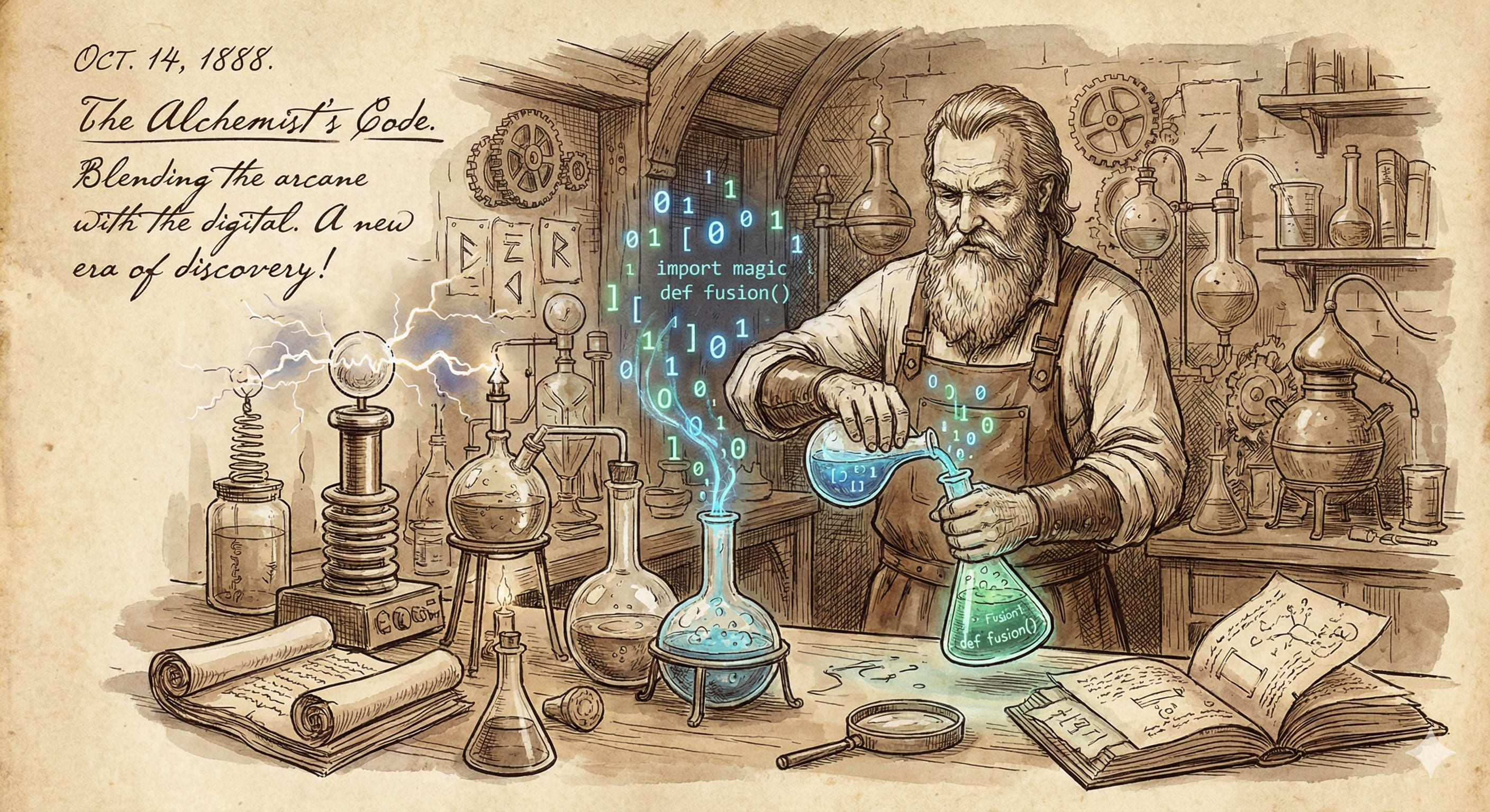 Illustration d’un alchimiste mêlant science, symboles et création, représentant l’exploration, la transformation et l’union entre technique et vision