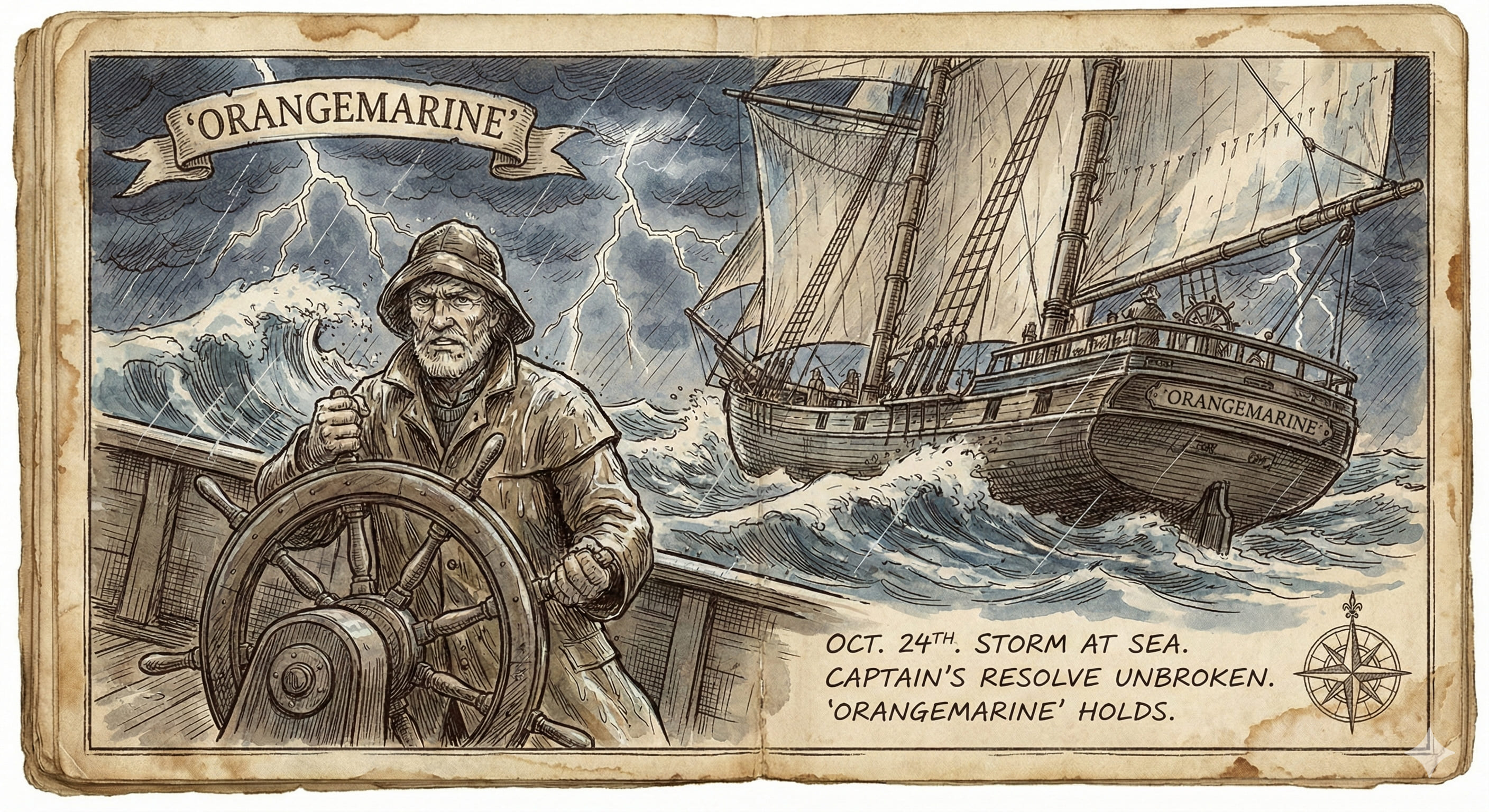 Illustration d’un capitaine tenant la barre dans la tempête, symbole de direction, constance et maintien du cap